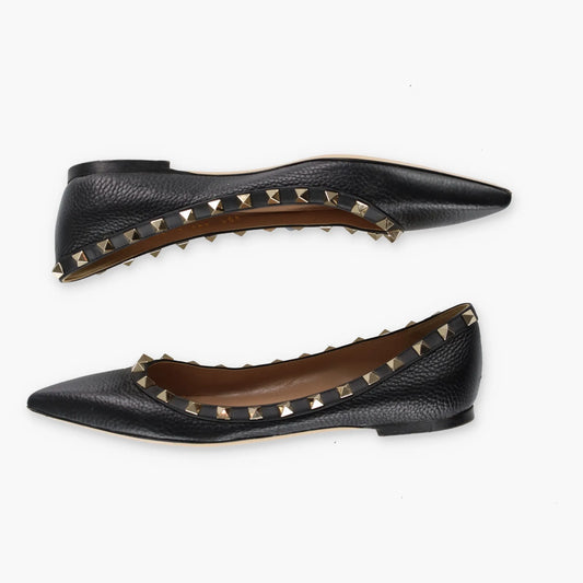 Vintage VALENTINO GARVANI Studded Black & Gold Pointed Toe Leather Flats (37.5)