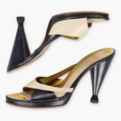Vintage FENDI 90's Geometric Italy Made Black & Cream Leather Heels (39.5)