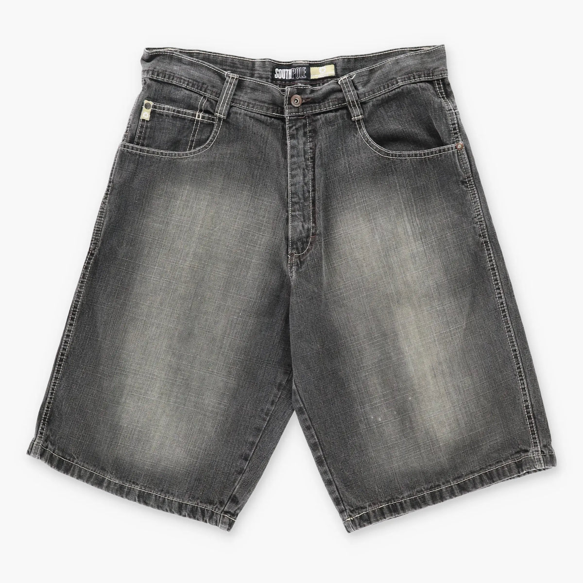 Vintage SOUTHPOLE Y2K Brown Stitching Dark Grey Faded Jorts Denim Shorts (34)