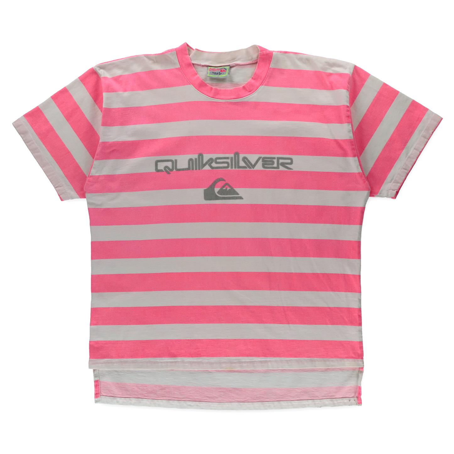 QUIKSILVER Neon Pink & White Striped High Low T-Shirt USA Made (XL)