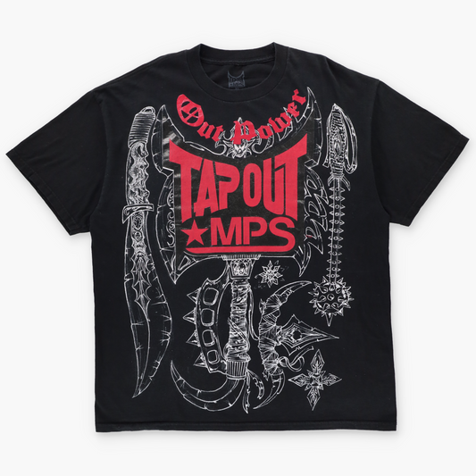 TAPOUT MPS "Out Power" Weapons & Logo Graphic Y2K Style Black & Red T-Shirt (XL)