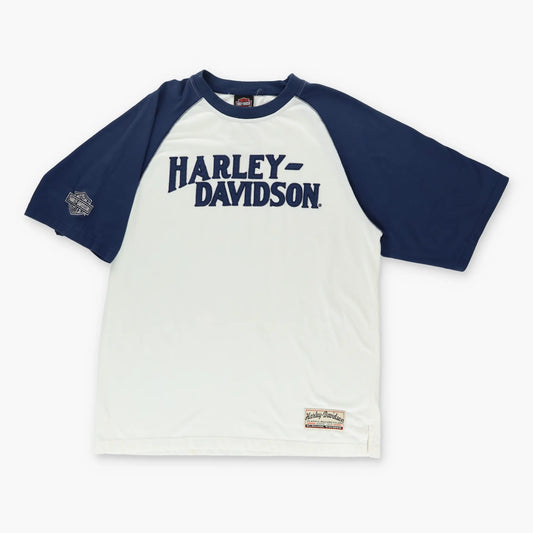 Vintage HARLEY DAVIDSON Embroidered Navy & White Ringer T-Shirt (XL-XXL)