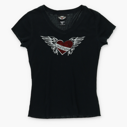 HARLEY DAVIDSON Rhinestone Winged Heart Logo T-Shirt (Women's S)
