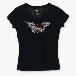 HARLEY DAVIDSON Rhinestone Winged Heart Logo T-Shirt (Women's S)