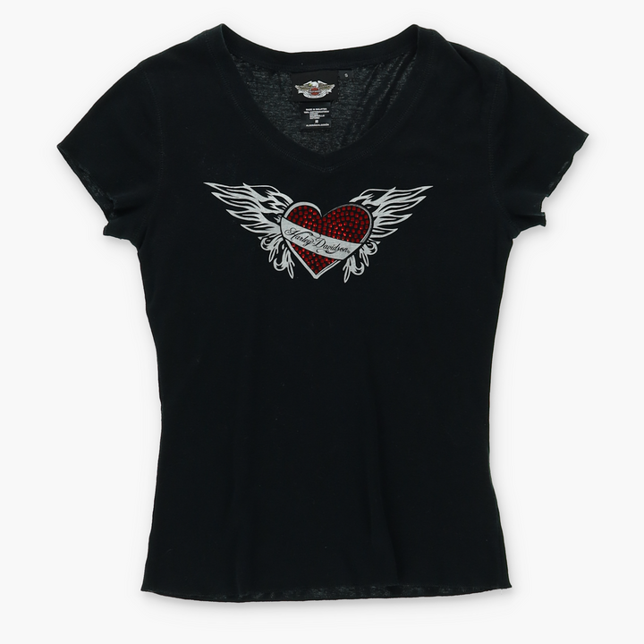 HARLEY DAVIDSON Rhinestone Winged Heart Logo T-Shirt (Women's S)
