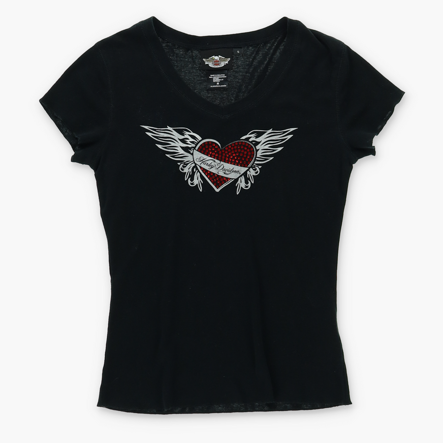HARLEY DAVIDSON Rhinestone Winged Heart Logo T-Shirt (Women's S)