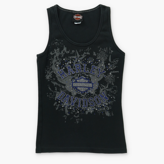 HARLEY DAVIDSON Spell Out Y2K Logo Rhinestone Tank Top USA Made (Women's S-M)