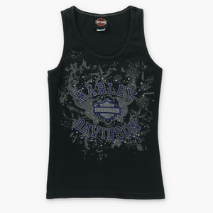 HARLEY DAVIDSON Spell Out Y2K Logo Rhinestone Tank Top USA Made (Women's S-M)