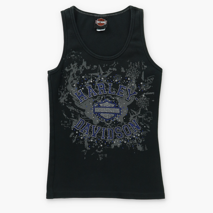 HARLEY DAVIDSON Spell Out Y2K Logo Rhinestone Tank Top USA Made (Women's S-M)