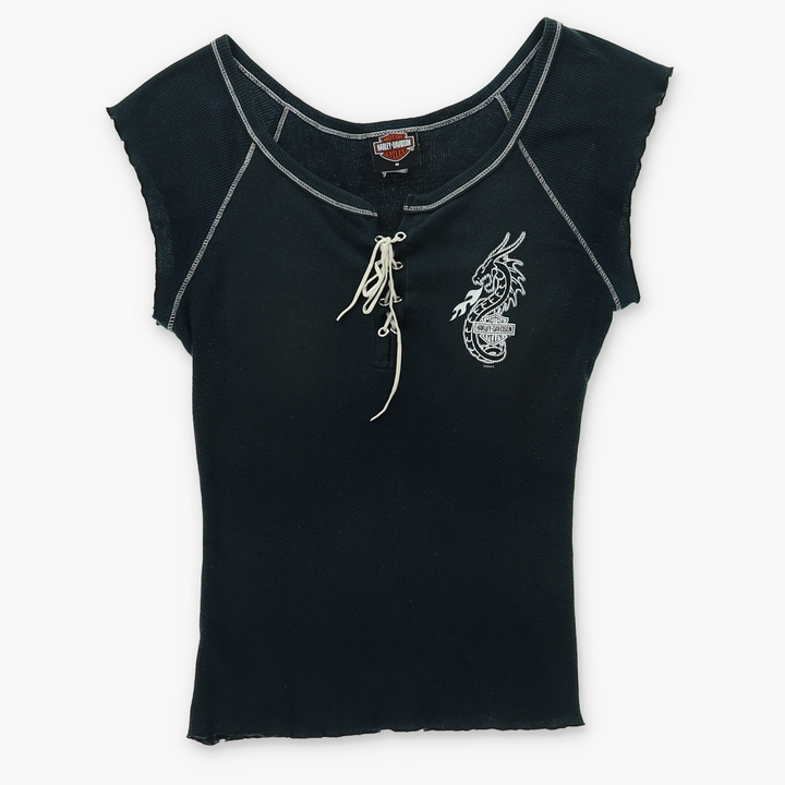 HARLEY DAVIDSON Dragon Logo Lace-Up Y2K Top USA Made (Women's S-M)