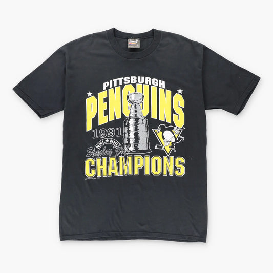 Vintage 1991 Pittsburgh Penguins NHL 50/50 USA Made Black Hockey T-Shirt (XL)