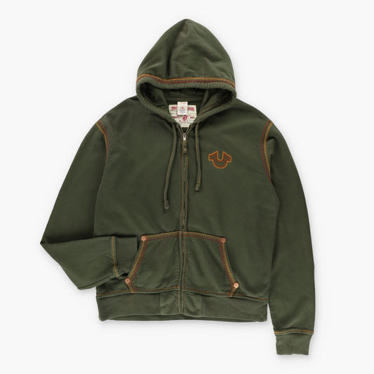 TRUE RELIGION Khaki Double Stitch Full Zip Y2K Hoodie Sweatshirt (XXL-XXXL)