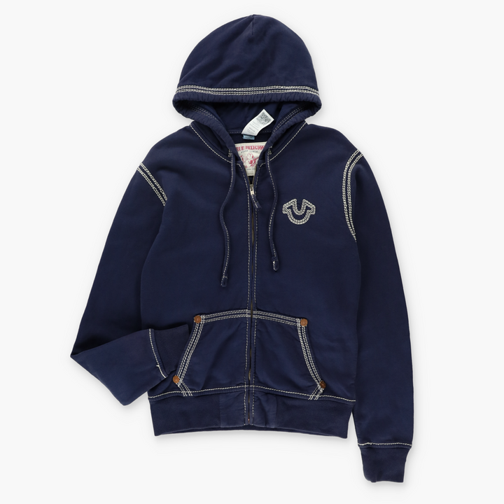 TRUE RELIGION Navy Blue Contrast Stitch Y2K Full Zip Hoodie Sweatshirt (M)