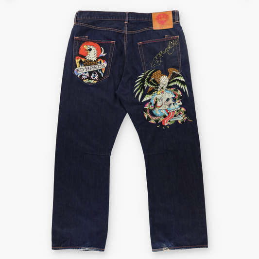 ED HARDY Embroidered Skull & Eagles Lot 2007 Dark Denim Jeans (40 x 34)