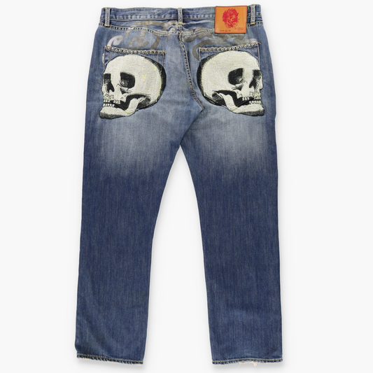 ED HARDY Rhinestone Skulls & Studded Pocket Y2K Jeans (38 x 34)