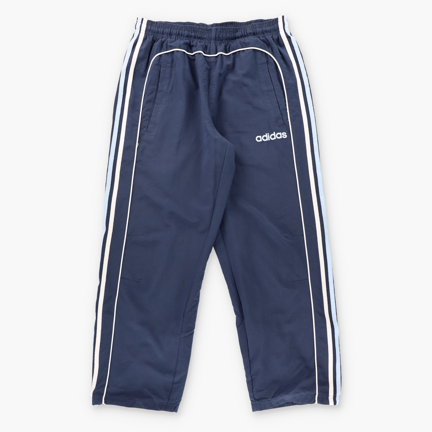 Vintage ADIDAS Navy & Light Blue Embroidered Spell Out Logo Straight Leg Track Pants (M) ***COCO Vintage Sole Melbourne