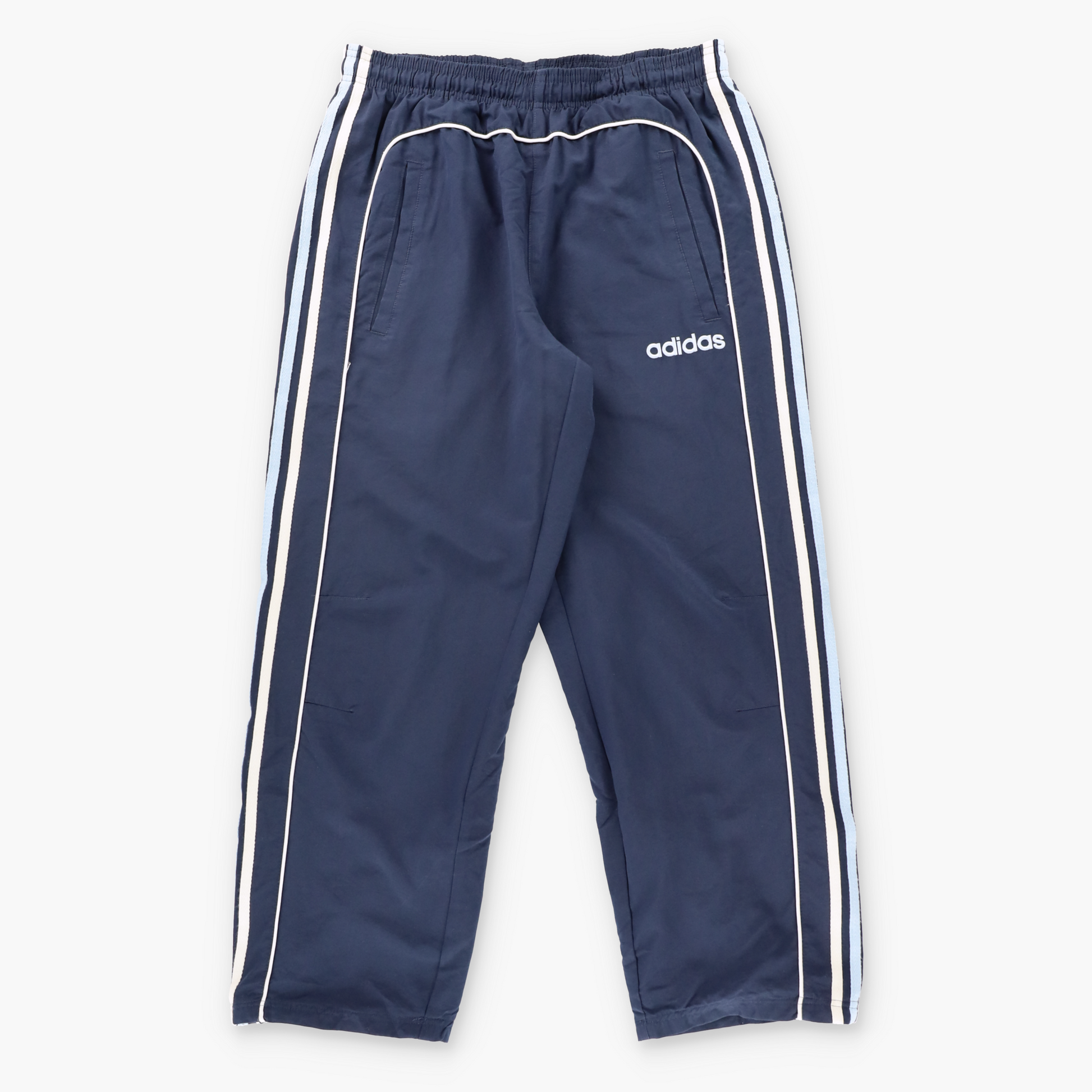 Vintage ADIDAS Navy & Light Blue Embroidered Spell Out Logo Straight Leg Track Pants (M) ***COCO Vintage Sole Melbourne