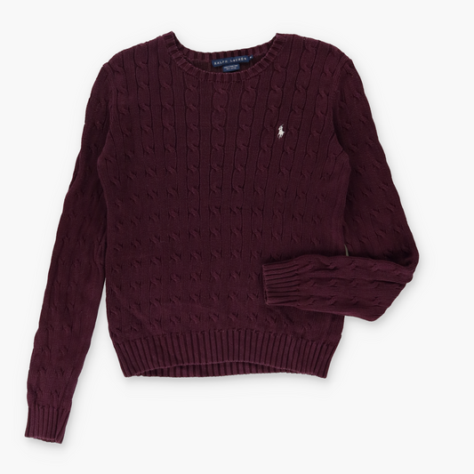 RALPH LAUREN POLO Embroidered Logo Cable Knit Burgundy & White Sweater (S-M)