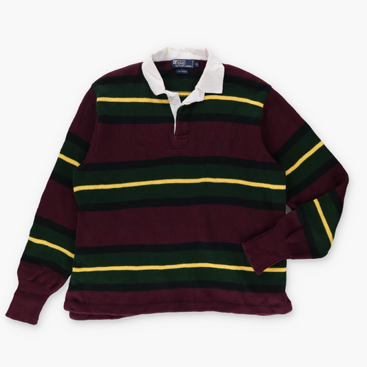RALPH LAUREN POLO Embroidered Logo Collared Burgundy & Green Knit Rugby Sweater (XL)