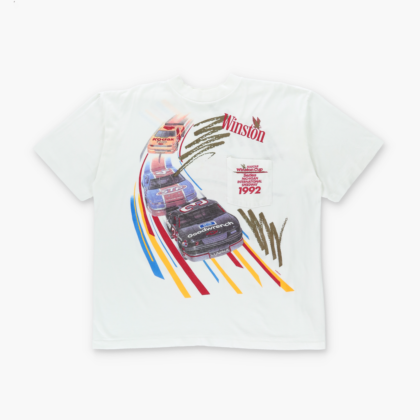Winston Cup Series Michigan 1992 White Front Pocket NASCAR Single Stitch T-Shirt (L)
