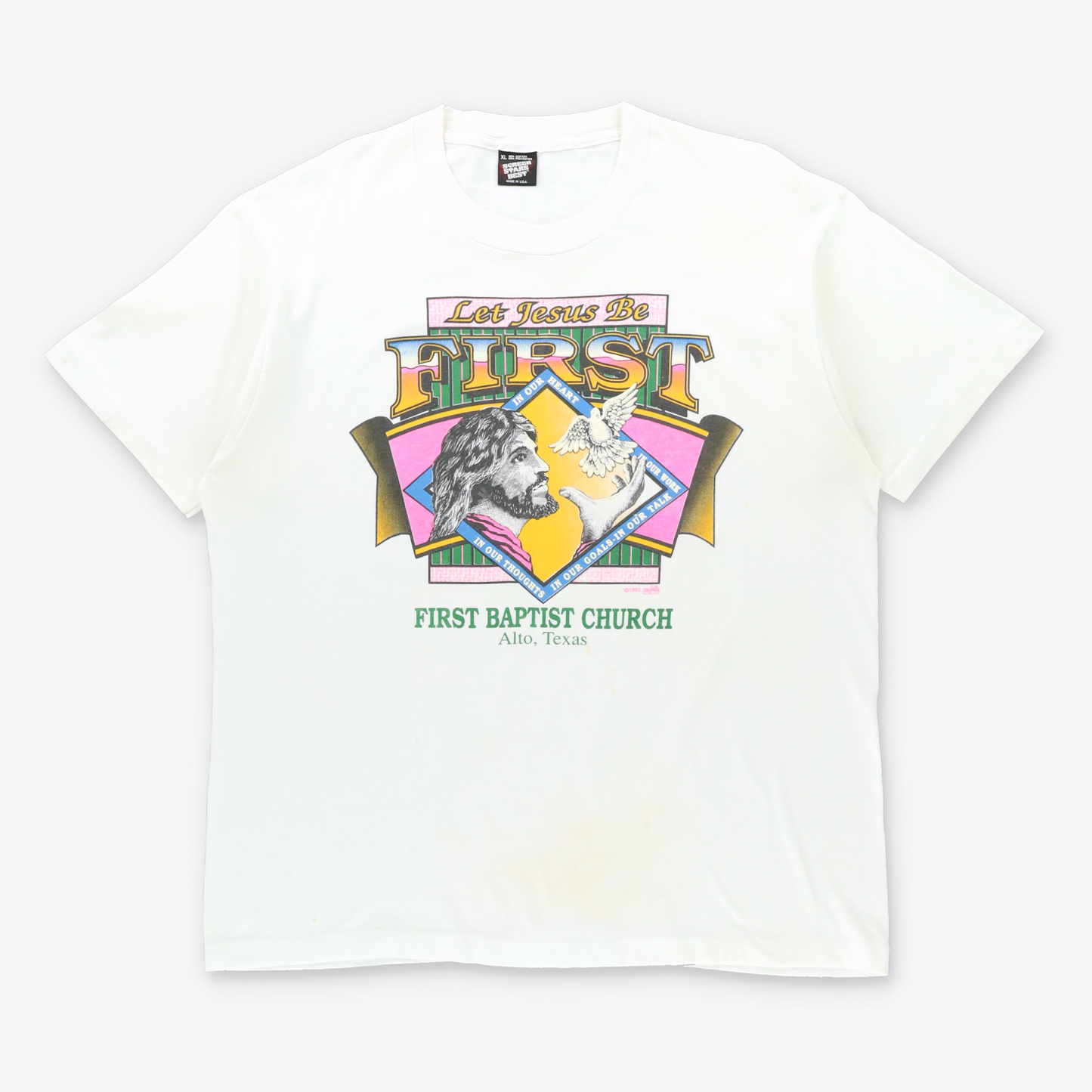 Vintage 1992 "Let Jesus Be First" Texas Baptist Church USA Made White Tee (L-XL) Vintage Sole Melbourne