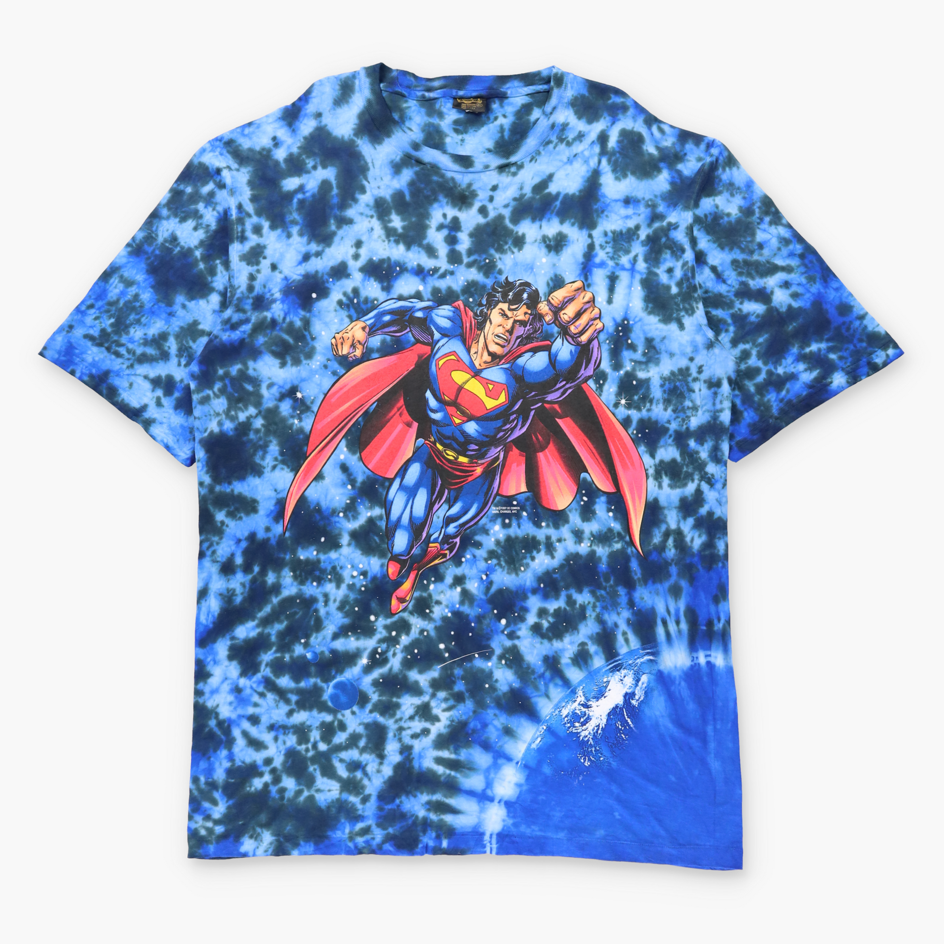 Vintage 1997 SUPERMAN DC COMICS Cosmic Blue Tie-Dye USA Made Single Stitch Comic Tee (XXL TALL) ***COCO Vintage Sole Melbourne