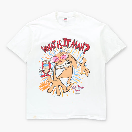 Vintage 1992 REN & STIMPY "What Is It Man?" USA Made White Single Stitch Cartoon T-Shirt (XL)