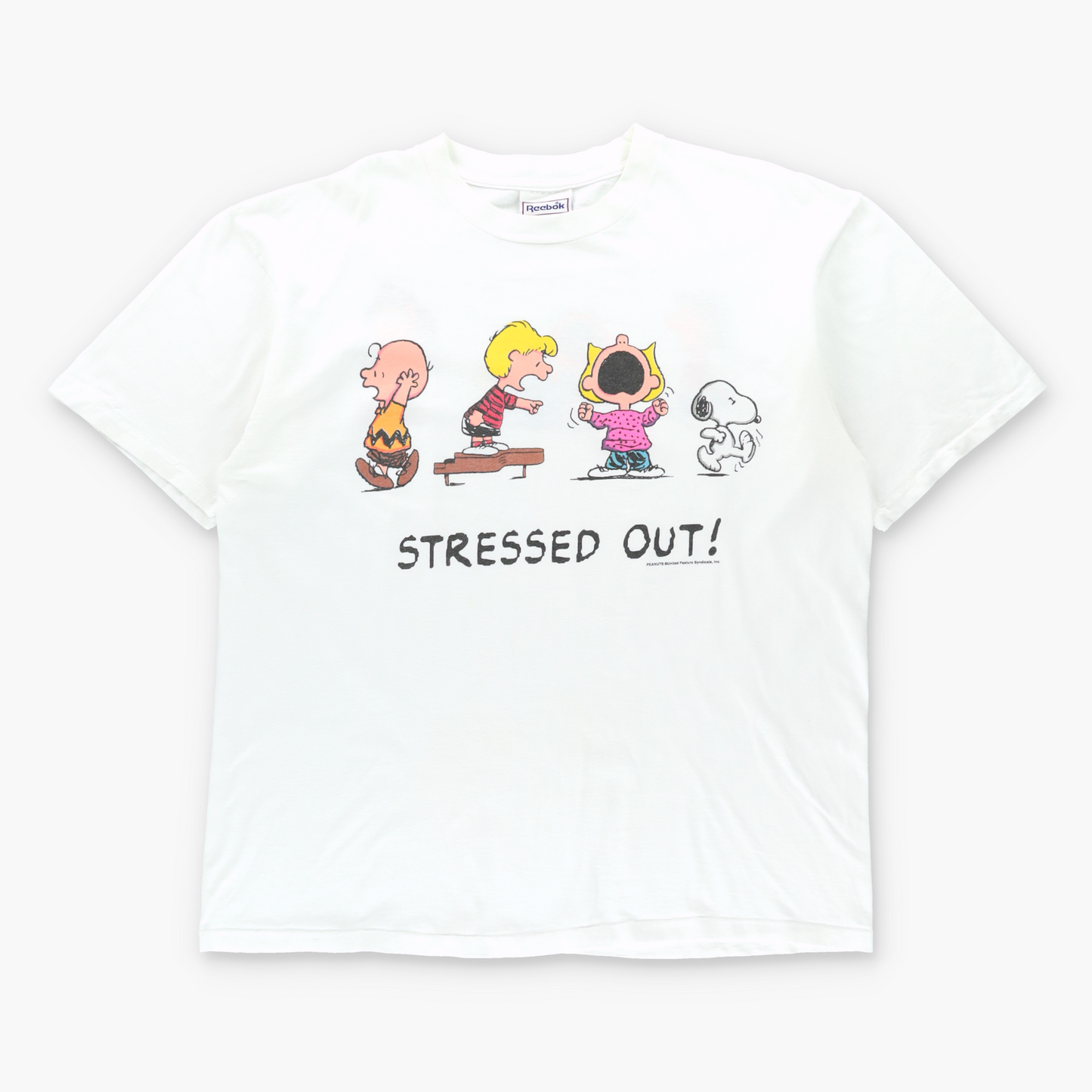 Vintage 90s REEBOK Snoopy "Stressed Out!" Peanuts Comic Strip USA Made White Single Stitch Tee (XL) Vintage Sole Melbourne