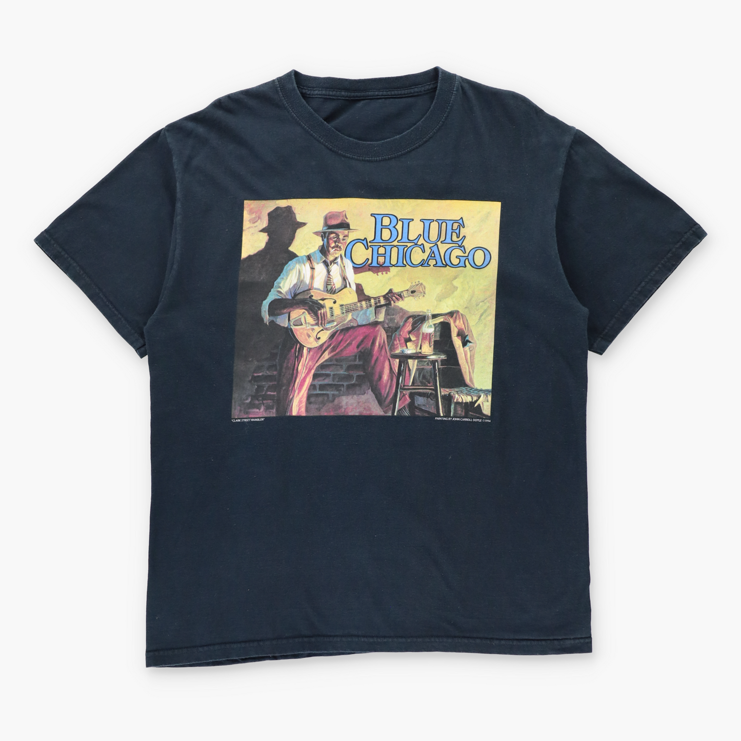 Vintage 1994 John Carroll Doyle Blue Chicago "Clark Street Rambler" Painting Black Tee (M-L) Vintage Sole Melbourne