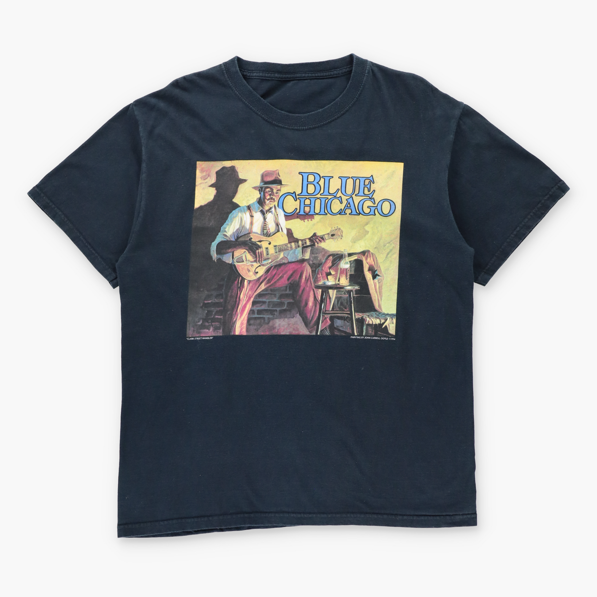Vintage 1994 John Carroll Doyle Blue Chicago "Clark Street Rambler" Painting Black Tee (M-L) Vintage Sole Melbourne