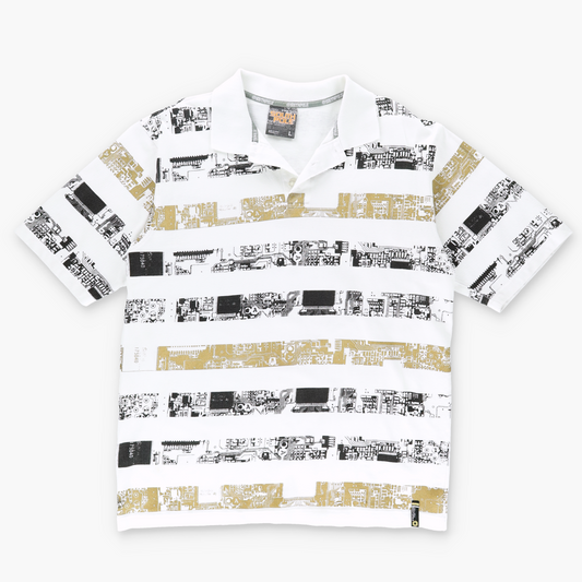 SOUTH POLE Y2K 'Star Voyage' Tech Print White & Gold Polo Tee (L)