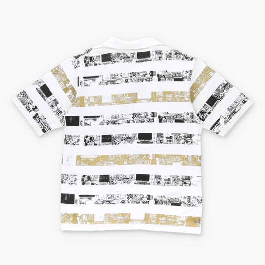 SOUTH POLE Y2K 'Star Voyage' Tech Print White & Gold Polo Tee (L)