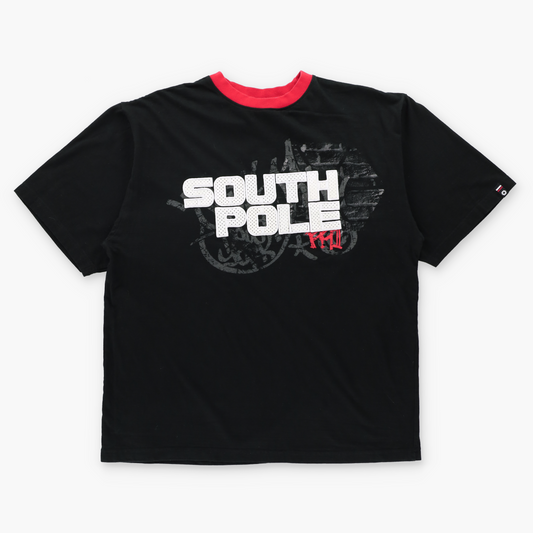 SOUTH POLE Black & Red 3D Spell Out Embroidered Patch Y2K Style T-Shirt (L-XL)