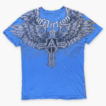 AFFLICTION Laced Up Stitch Detail Bright Blue Y2K Style USA Made Distressed Tee (L)