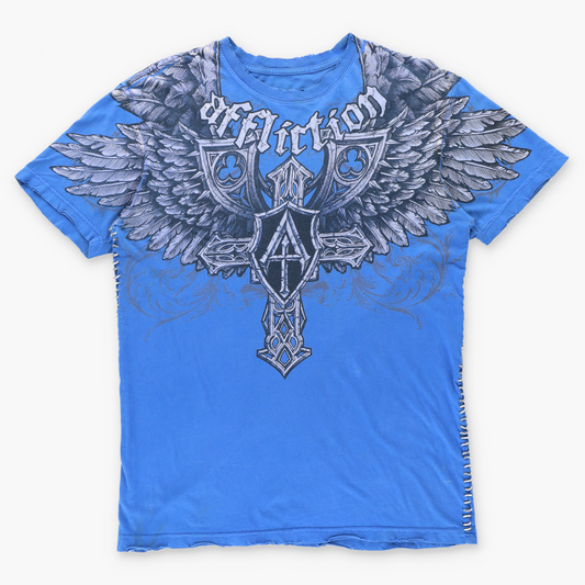 AFFLICTION Laced Up Stitch Detail Bright Blue Y2K Style USA Made Distressed Tee (L)