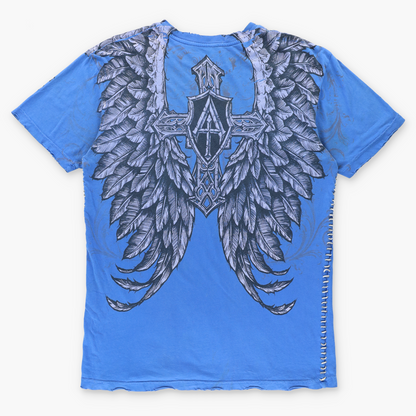 AFFLICTION Laced Up Stitch Detail Bright Blue Y2K Style USA Made Distressed Tee (L)