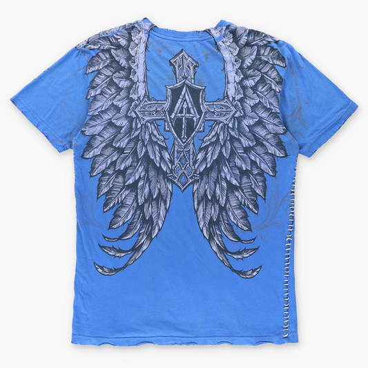 AFFLICTION Laced Up Stitch Detail Bright Blue Y2K Style USA Made Distressed Tee (L)