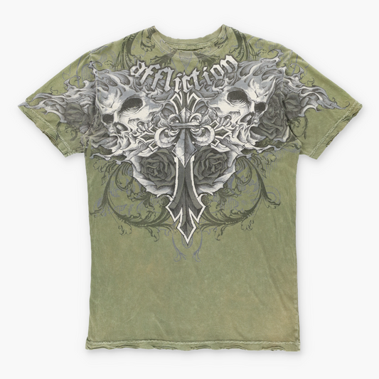 AFFLICTION Army Green Y2K Style Spell Out Distressed T-Shirt USA Made (M)