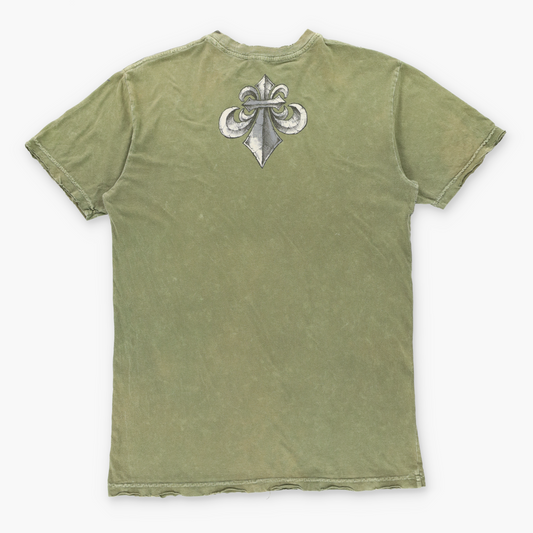 AFFLICTION Army Green Y2K Style Spell Out Distressed T-Shirt USA Made (M)