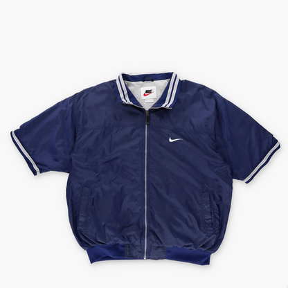 NIKE Embrodiered Swoosh Spell-Out Navy Short Sleeve Lined Windbreaker Pullover (XXL)
