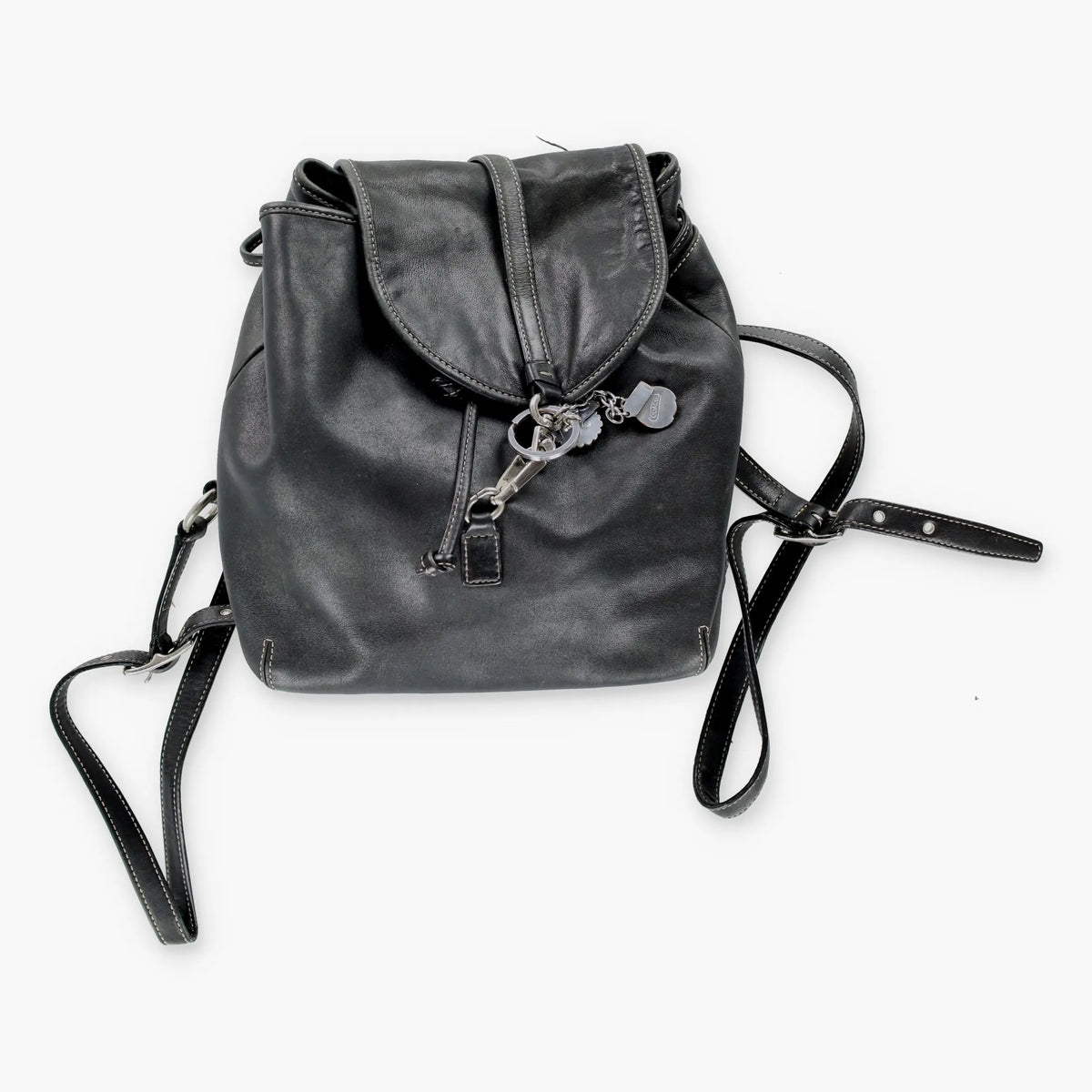 Vintage COACH J0669 Flower Key Chain Charm Black Leather Contrast Stitch Back Pack Bag