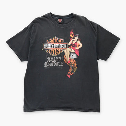 Vintage HARLEY DAVIDSON Pin Up 'Sales and Service' East Coast Motorcycle T-Shirt (XL)