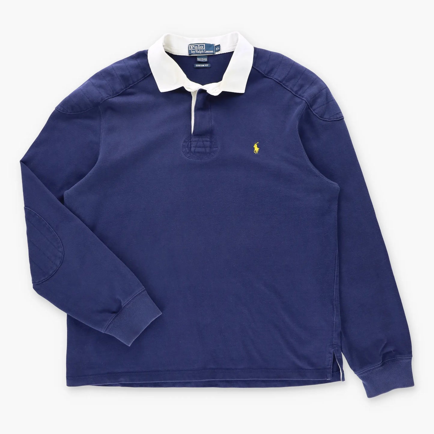 Vintage POLO RALPH LAUREN 'Custom Fit' Navy & Yellow Embroidered Pony Rugby Jumper (XL)