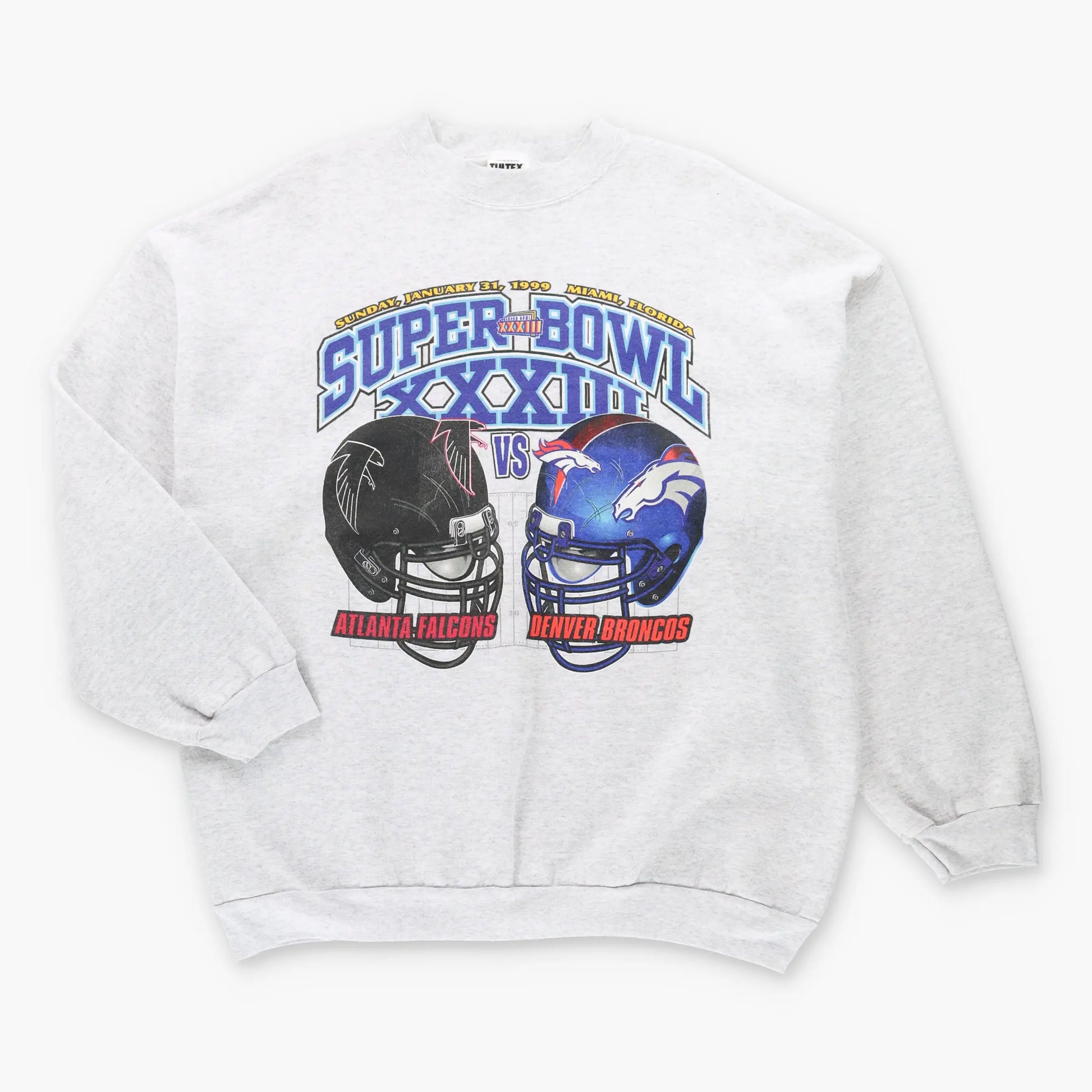 Vintage 1999 Super Bowl Falcons VS Broncos NFL 50/50 Grey Football Sweatshirt (XXL) *Aubs Vintage Sole Melbourne