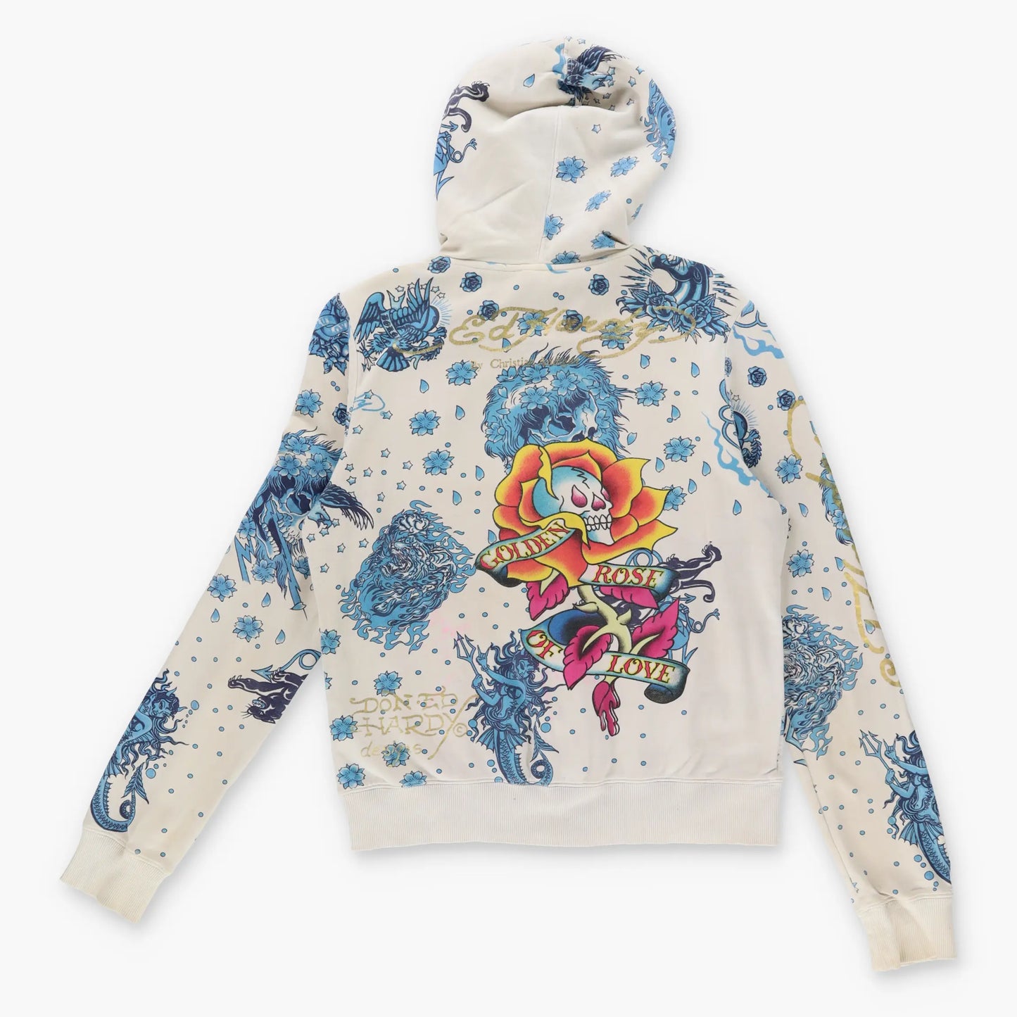 Vintage ED HARDY Y2K Gold Writing Dragon Zip Up Hooded Sweatshirt (XS)