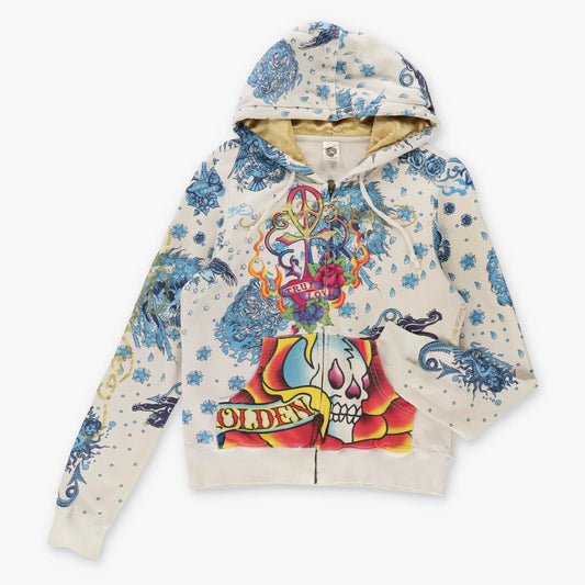 Vintage ED HARDY Y2K Gold Writing Dragon Zip Up Hooded Sweatshirt (XS)
