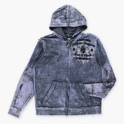 AFFLICTION Y2K Velour Print 'Vengeance' Grunge Zip Up Hooded Sweatshirt (XL)