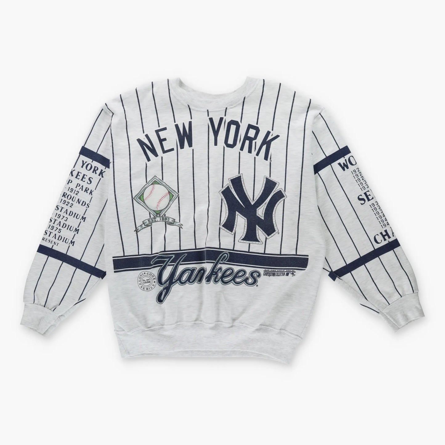 Vintage 1990 NY YANKEES MLB 'Long Gone' All Over Print Striped Baseball Sweatshirt (XL)