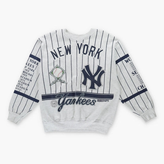 Vintage 1990 NY YANKEES MLB 'Long Gone' All Over Print Striped Baseball Sweatshirt (XL)