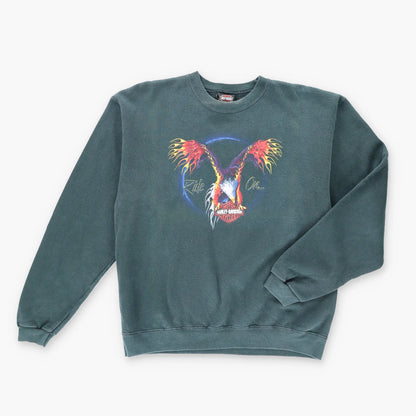 Vintage HARLEY DAVIDSON Y2K Blue Flame Eagle 'Ride On' Motorcycle Sweatshirt (L)